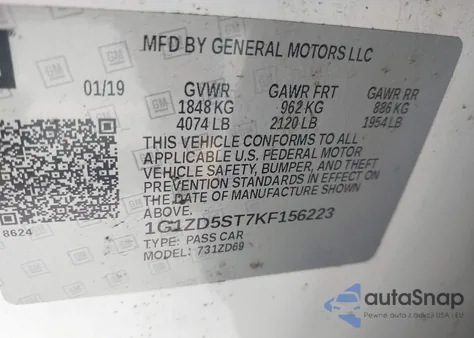 2019 Chevrolet Malibu Lt из США, поврежденный, VIN 1G1ZD5ST7KF156223